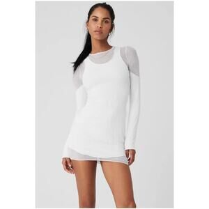 Alo Yoga White Striped Mesh Synergy Long Sleeve Mini Dress Active Yoga Size S